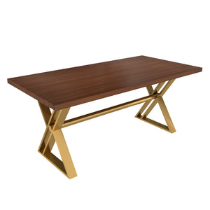 English Elm 70.8 Inch Walnut Top Dining Table with Brushed Gold Steel Base Seats Six T3609S00001