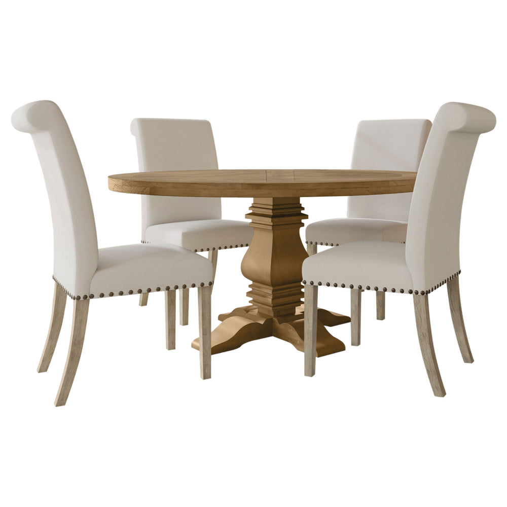English Elm Rustic Honey Pine Pedestal Round Dining Set Seats Four with Nailhead Chair Trim B062S01844