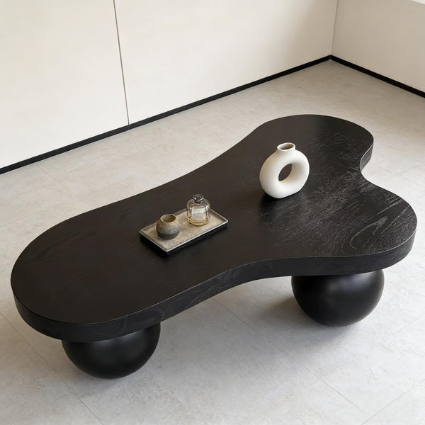 English Elm 46 Inch Cloud Shaped Coffee Table with Ash Veneer Top and Sculptural Sphere Legs Black W3935S00006