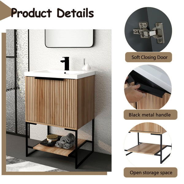 English Elm 24 Inch Freestanding Bathroom Vanity with Resin Basin, Soft-Close Doors, Open Shelf Storage, Modern Design W999P181590