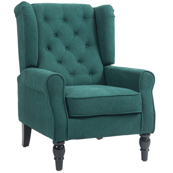 English Elm HOMCOM Elegant Button-Tufted Wingback Accent Chair in Dark Green with Thick Padded Seat & Eucalyptus Legs W2225P200667