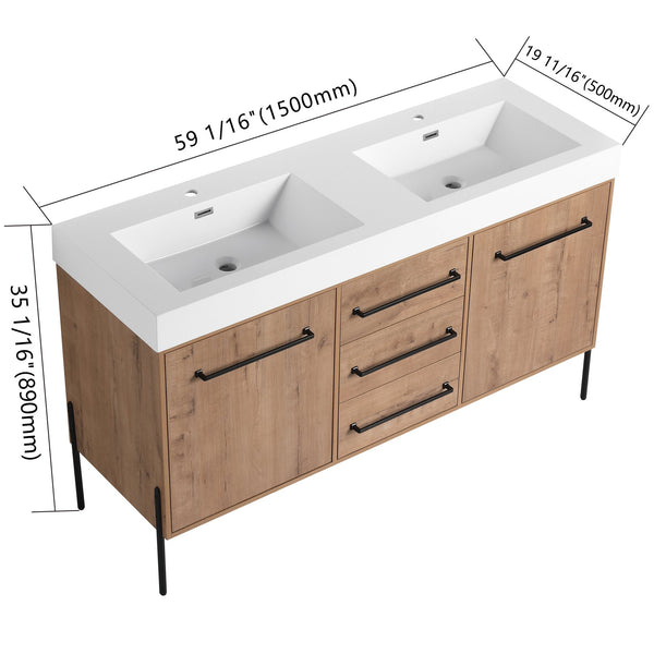 English Elm 60" Freestanding Double Sink Bathroom Vanity with Soft-close Doors and Three Drawers W999S00528