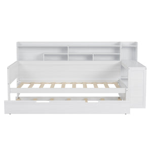 English Elm Wooden Twin Daybed with Trundle, Built-In Desk and Side Storage Shelves for Space-Saving Living Antique White 54.4 L x 18 W x 5.6 H N733S242275K