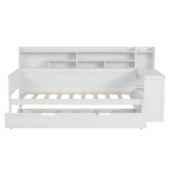 English Elm Wooden Twin Daybed with Trundle Built-in Desk and Open Shelves for Kids Rooms Antique White N733S373389K