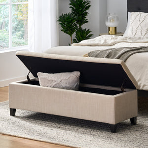 English Elm Upholstered Storage Ottoman with Solid Wood Legs Wide Hinged Bench for Living Rooms N757P414088B