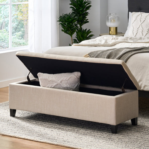 English Elm Upholstered Storage Ottoman with Solid Wood Legs Wide Hinged Bench for Living Rooms N757P414088B