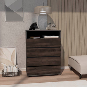English Elm Alpine 4-Drawer Dresser in Matte Gray with Triple-Tone Walnut Accents, Compact Storage & Smooth Glides B200P335298