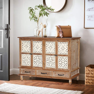 English Elm 59.06" Rustic Natural Wood Accent Cabinet with 4 Doors & 3 Drawers, Adjustable Shelves, Durable MDF W2295P290643