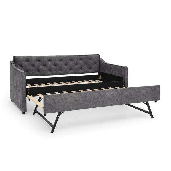 English Elm Twin Linen Tufted Daybed with Pop up Trundle and Usb Port for Guest Rooms Grey W1413S00128