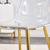 English Elm A Modern Minimalist Style Round Transparent Tempered Glass Table With Gold Metal Legs, Paired With 6 Modern Style Transparent Dining Chairs For A Luxurious Experience.