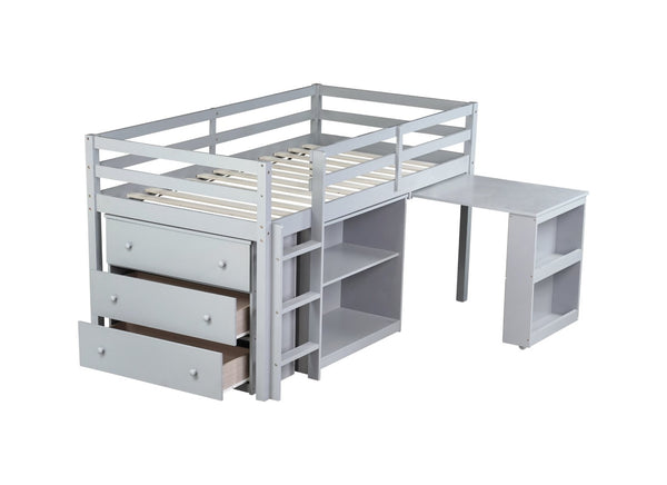 English Elm Twin Loft Bed With Storage Cabinets, Pull-Out Desk & Safety Guardrail - Sturdy Grey Rubberwood Design W504S00201-GIGA