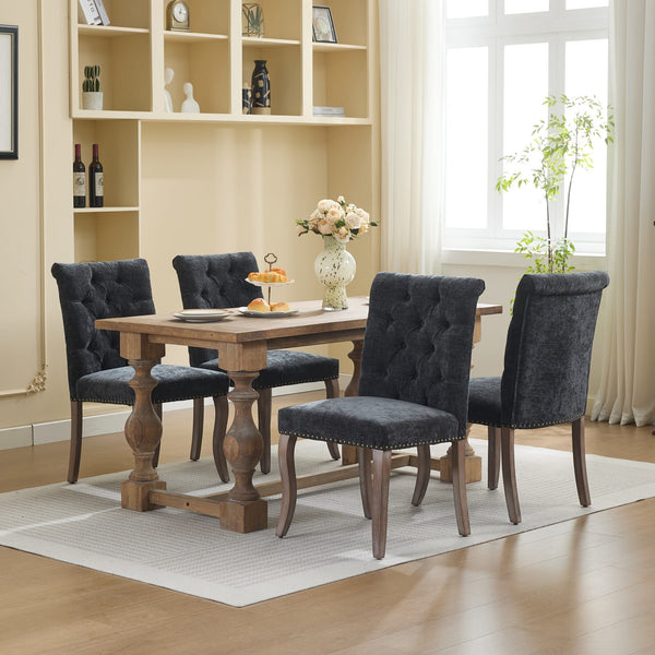 English Elm Upholstered Chenille Tufted Dining Chairs Set of 2 with Curved Wood Legs Club Style Black W1143P457781