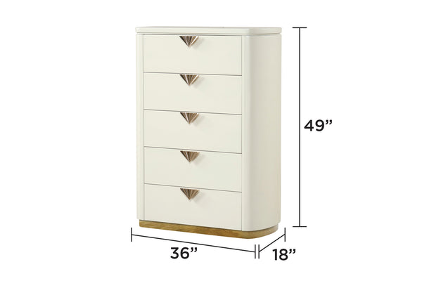 English Elm La Pierre Modern 5-Drawer Chest With Open Mirror, Gold Accents & Elegant Beige Finish For Stylish Storage B009P270816