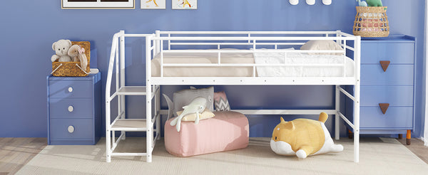 English Elm Mid Mid Loft Bed with Storage Stairs Twin Safety Ladder Low 26.6" Slats Sturdy Metal Frame White MF323325AAK