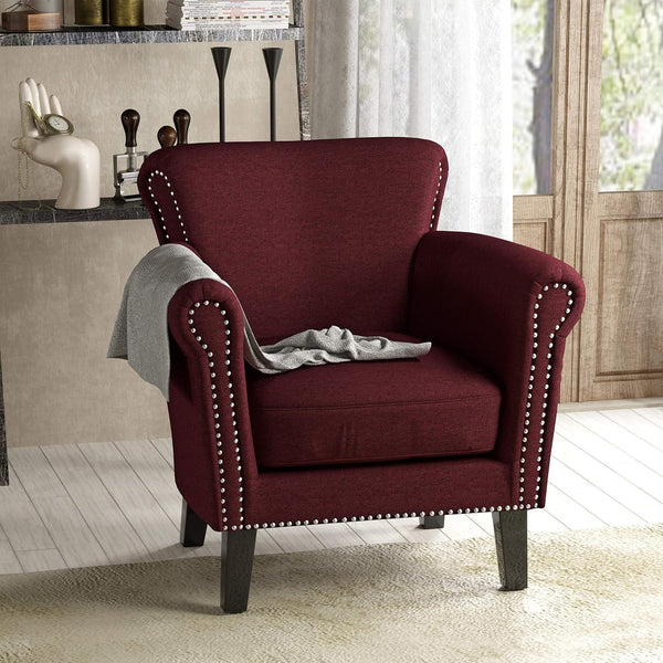 English Elm Christopher Knight Home® - CLUB Chair Burgundy Upholstered Fabric Accent with Nailhead Trim, Curved Arms & Birch Legs - Luxurious N776P243716Y
