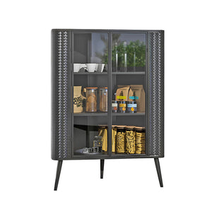 English Elm Modern 3-Tier Corner Storage Cabinet Antique Black Steel with Tempered Glass Doors, Space-Saving Organizer W3122P272936