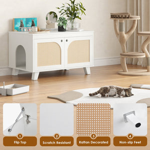 English Elm Flip Top Hidden Cat Litter Box Enclosure with Rattan Doors, Flip-Top Access, Odor Control, Stylish Table Ready White T3623P354972