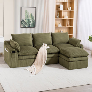 English Elm L Shaped Corduroy Modular Sectional with Cloud Cushions Footstool and Lumbar Pillows Emerald W395S00139