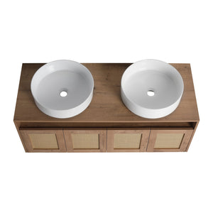 English Elm 48" Imitative Oak Wall Mounted Bathroom Vanity with Ceramic Art Sink, Plywood, 4 Soft-Close Doors, Modern Float Design W999S00399