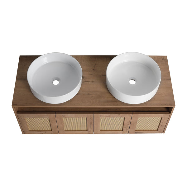 English Elm 48" Imitative Oak Wall Mounted Bathroom Vanity with Ceramic Art Sink, Plywood, 4 Soft-Close Doors, Modern Float Design W999S00399