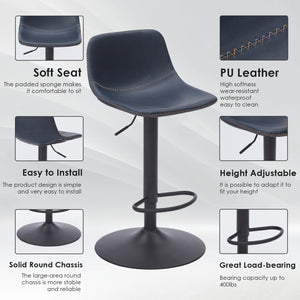 English Elm Adjustable Blue Mid Century Swivel Bar Stools Set of 2 — PU Leather Industrial Counter Chairs, 350 lb Capacity T3623P360855