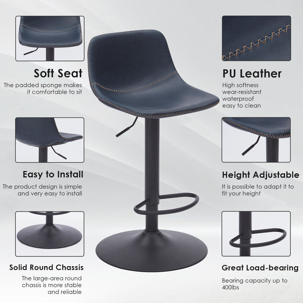 English Elm Adjustable Blue Mid Century Swivel Bar Stools Set of 2 — PU Leather Industrial Counter Chairs, 350 lb Capacity T3623P360855