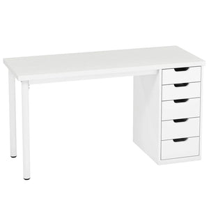English Elm Classic Five Drawer Writing Desk with Round Metal Legs and White Engineered Wood Top T3971P457511