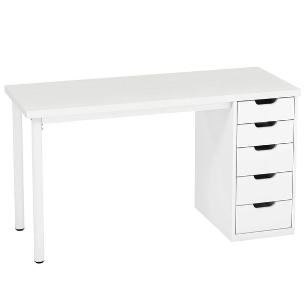 English Elm Classic Five Drawer Writing Desk with Round Metal Legs and White Engineered Wood Top T3971P457511