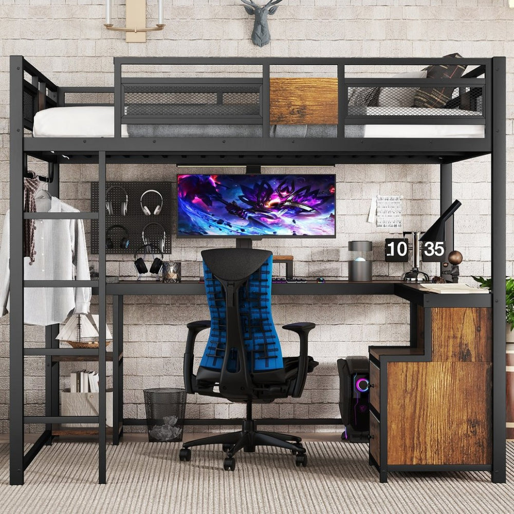 English Elm Queen Loft Bed With Workspace And Storage - Heavy-Duty Metal Frame, Noise-Free Design, Stylish Black W1580S00223-GIGA