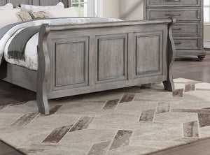 English Elm Grey Sleigh Design Queen Bed with 3-Panel Headboard in Antique Gray Oak Finish — Transitional Barn Style Bedroom B011S01396