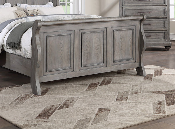 English Elm Grey Sleigh Design Queen Bed with 3-Panel Headboard in Antique Gray Oak Finish — Transitional Barn Style Bedroom B011S01396