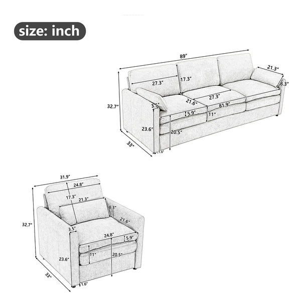 English Elm Cozy Upholstered Sofa Set - Oversized Chenille Cloud Couch With Double Cushion & Ergonomic Arms N719S001921A