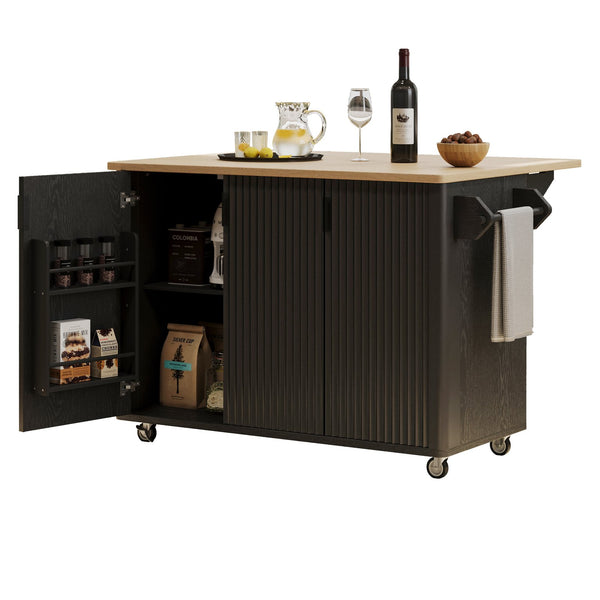 English Elm K&K 51" Fluted Kitchen Island with Waveform Panels, Drop Leaf, Rolling Cart with Towel Rack and Storage Black N707P221446B