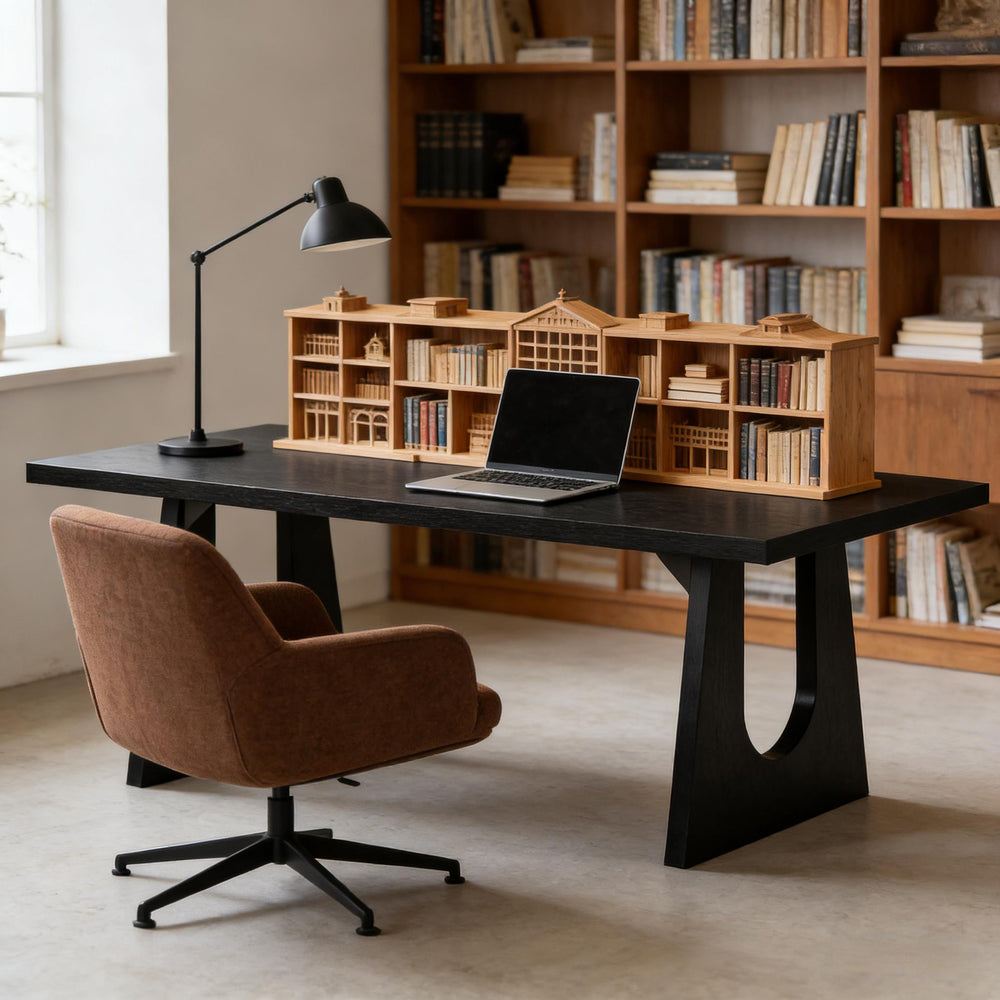 English Elm Industrial Executive Wood Desk with Rustic Brown Veneer for Home Office Workspaces T3971P453620