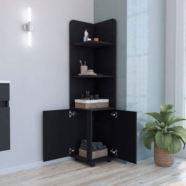 English Elm Malibu 62" Tall Corner Linen Cabinet Black Particle Board with Double Doors, 4 Shelves, Modern Legs B070P210744
