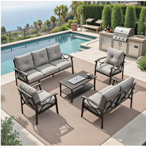 English Elm 5-piece Outdoor Conversation Set Steel Frame Patio Sofa Loveseat Chairs Table Gray B082S00126