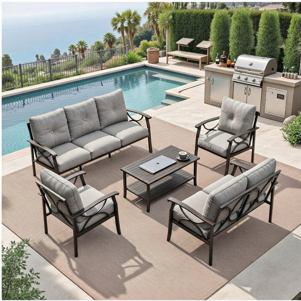English Elm 5-piece Outdoor Conversation Set Steel Frame Patio Sofa Loveseat Chairs Table Gray B082S00126