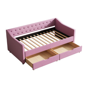 English Elm Twin Size Upholstered Daybed With Storage Drawers, Button-Tufted Pink Sofa Bed For Stylish Comfort W2336S00032-GIGA
