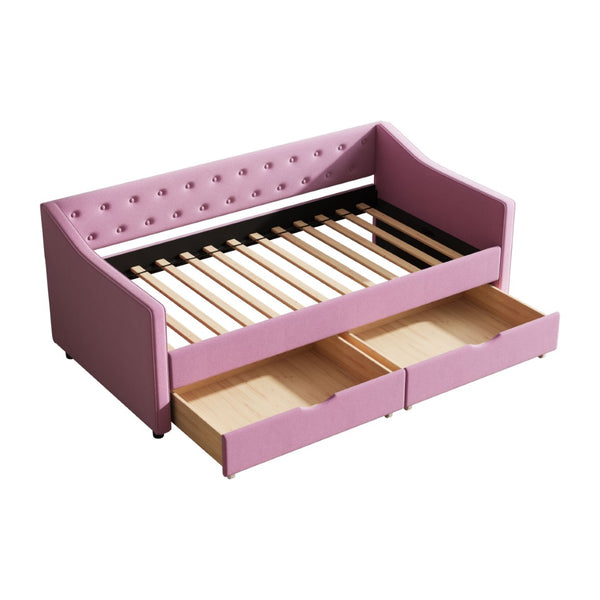 English Elm Twin Size Upholstered Daybed With Storage Drawers, Button-Tufted Pink Sofa Bed For Stylish Comfort W2336S00032-GIGA