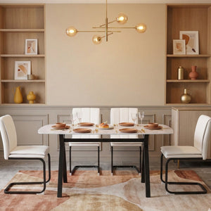 English Elm Modern-style Marble Glass Dining Table Seats Six with Sleek Black Metal Legs W5123P397512