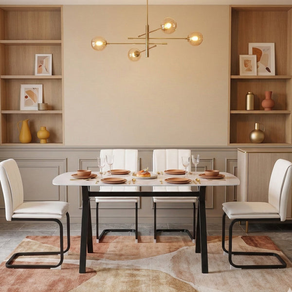 English Elm Modern-style Marble Glass Dining Table Seats Six with Sleek Black Metal Legs W5123P397512