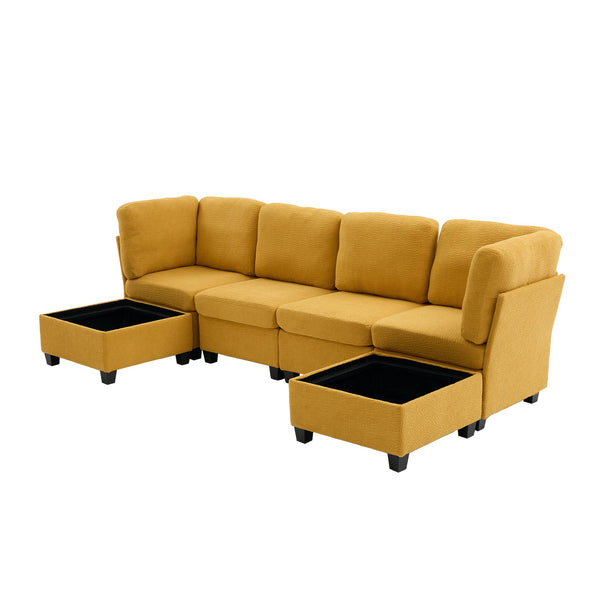 English Elm UNITED Modular 6-Seat Sectional Sofa with Removable Ottoman, Storage Compartments, Convertible Comfort Mustard yellow W1568S00247