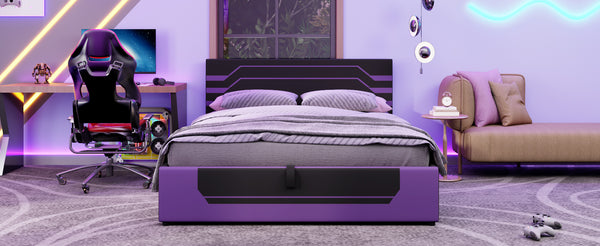 English Elm Modern Cyberpunk Queen Platform Bed Hydraulic Storage Pu Upholstered Gaming Frame Purple+Black SF000205AAI