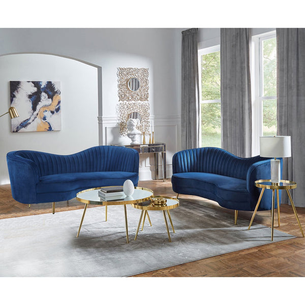 English Elm Marsden Blue Velvet 2-Piece Tufted Sofa & Loveseat Set with Gold Tapered Legs, Channel Back Elegance B062S00850
