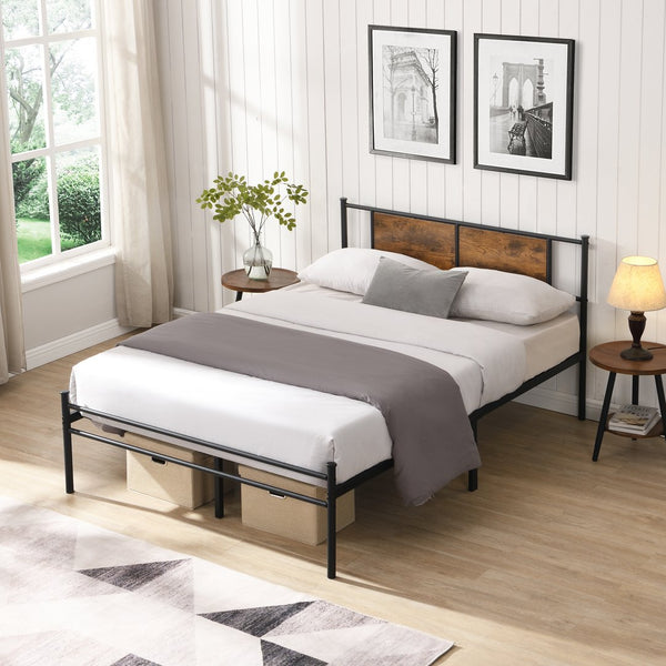 English Elm California King Bed Frame Grid Wood Panel Headboard Matte Black Steel Base Modern W311P284655