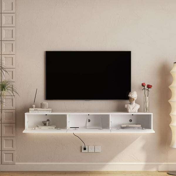 English Elm Floating LED TV Stand Wall Mounted with 16-Color Ambience, Modern Floating Cabinet with Ample Storage for 55–65" TVs White 72.24 L x 16.73 W x 5.12 H W1321P307882