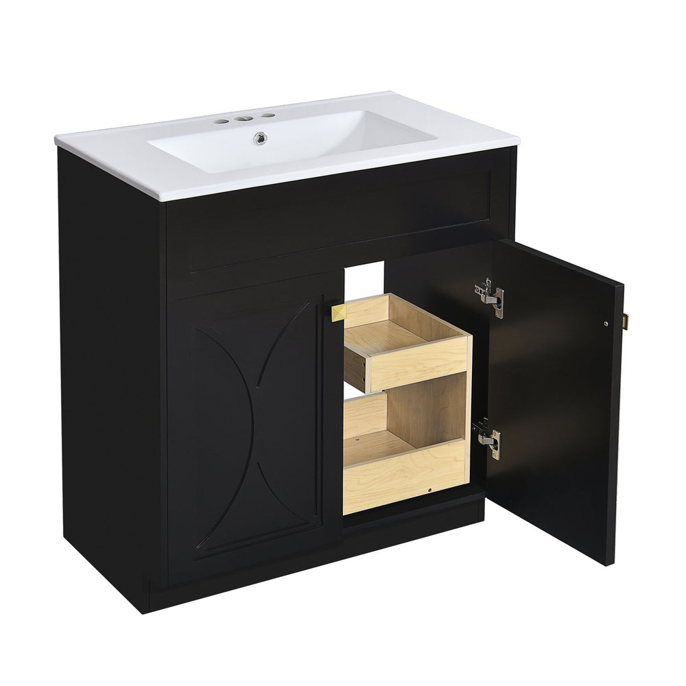 English Elm 60'' Bathroom Vanity Set With Ceramic Sink, Black Freestanding Cabinet, Gold Handles & Soft-Close Doors N710SS00005B
