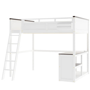 English Elm Queen Size Loft Bed With Desk, Usb Charging, Storage Box & Open Shelves For Organized Living Space N7090005002W-GIGA