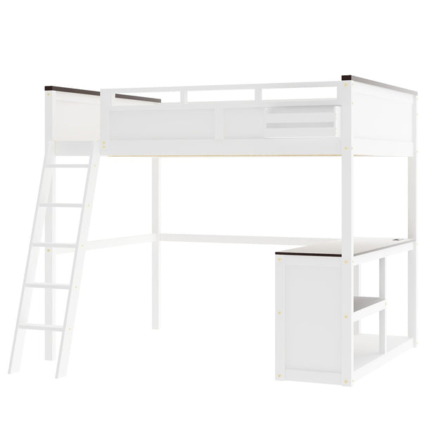 English Elm Queen Size Loft Bed With Desk, Usb Charging, Storage Box & Open Shelves For Organized Living Space N7090005002W-GIGA