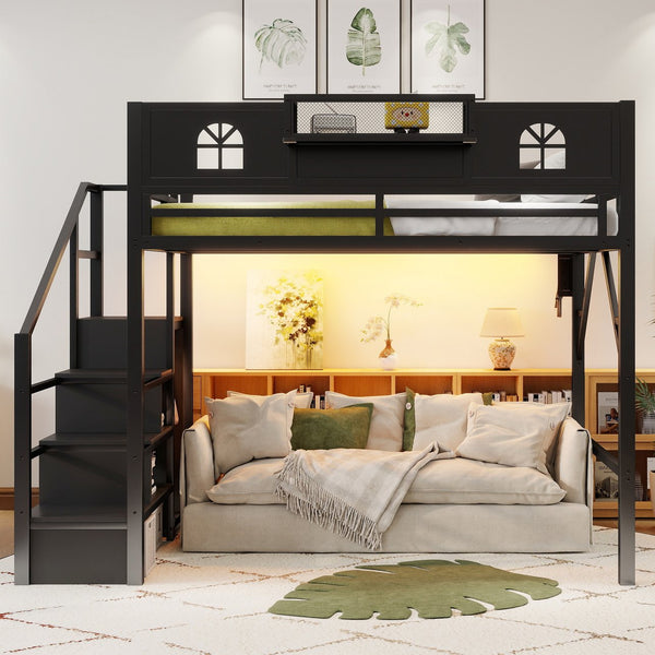 English Elm Full Size Steel Loft Bed with Staircase Storage Wardrobe Desk and Led Lighting Black W2593S00055